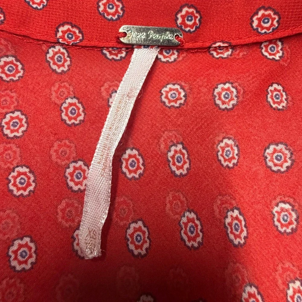 Free People Button Down Red Floral Medallion Sheer Shirt‎ Paisley XS Boho